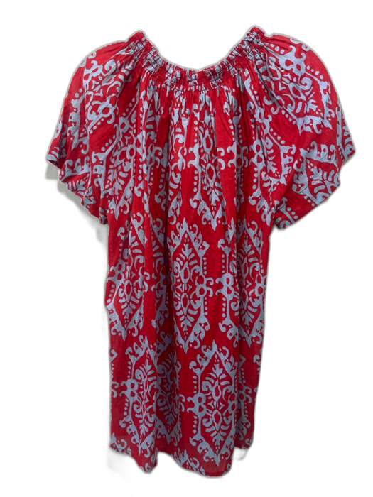 Rungolee Size L Red & Blue Cotton Smocked Neck Abstract Print Short Sleeve Top Red & Blue / L