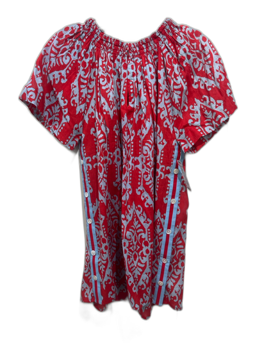 Rungolee Size L Red & Blue Cotton Smocked Neck Abstract Print Short Sleeve Top Red & Blue / L