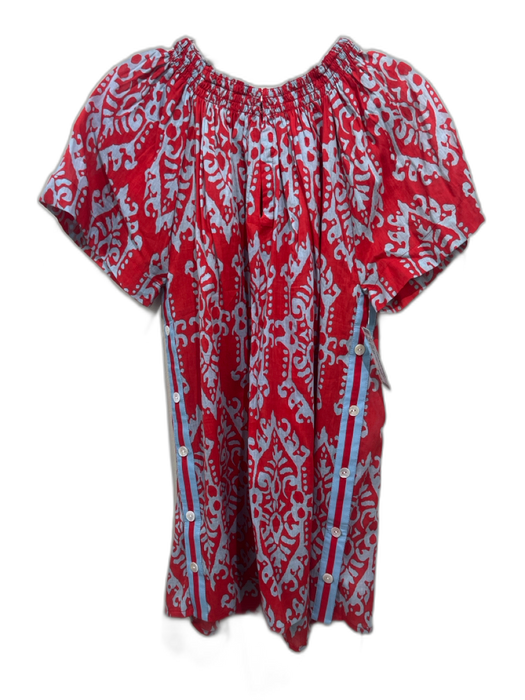Rungolee Size L Red & Blue Cotton Smocked Neck Abstract Print Short Sleeve Top Red & Blue / L