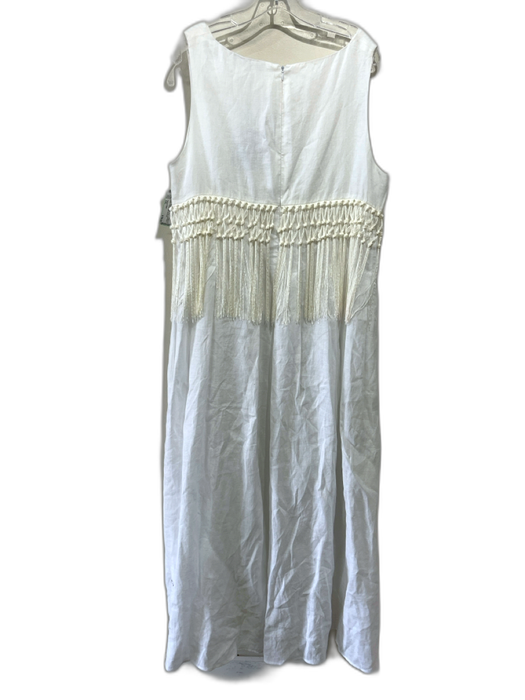 Fabiana Filippi Size XXL White & Cream Linen Sleeveless V Neck Tassels Dress White & Cream / XXL