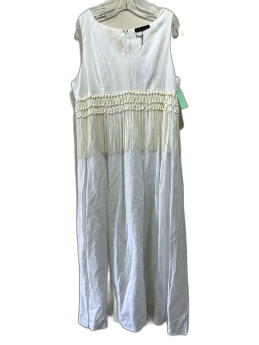 Fabiana Filippi Size XXL White & Cream Linen Sleeveless V Neck Tassels Dress White & Cream / XXL