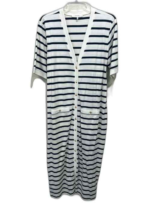 Frame Size XL White & Navy Blue Organic Cotton Short Sleeve Stripe Buttons Dress White & Navy Blue / XL