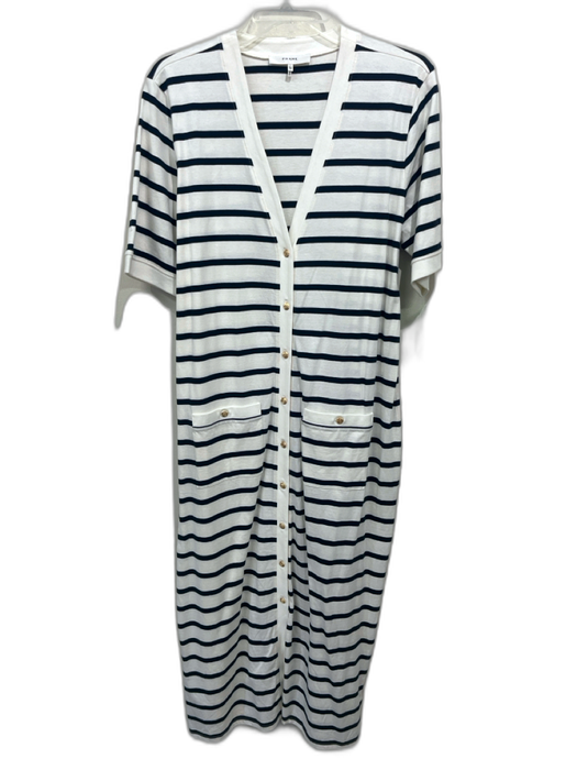 Frame Size XL White & Navy Blue Organic Cotton Short Sleeve Stripe Buttons Dress White & Navy Blue / XL