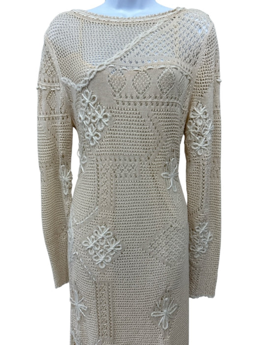 Lafayette 148 Size L Ecru Cream Cotton Long Sleeve Loose Knit Floral Midi Dress Ecru Cream / L