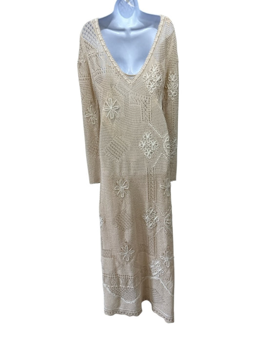 Lafayette 148 Size L Ecru Cream Cotton Long Sleeve Loose Knit Floral Midi Dress Ecru Cream / L