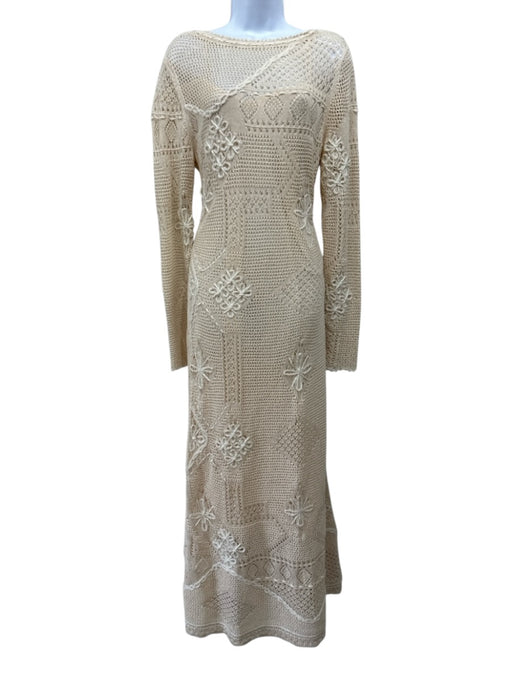 Lafayette 148 Size L Ecru Cream Cotton Long Sleeve Loose Knit Floral Midi Dress Ecru Cream / L