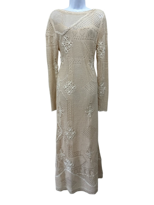 Lafayette 148 Size L Ecru Cream Cotton Long Sleeve Loose Knit Floral Midi Dress Ecru Cream / L