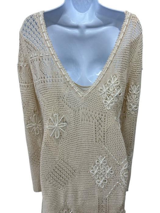 Lafayette 148 Size L Ecru Cream Cotton Long Sleeve Loose Knit Floral Midi Dress Ecru Cream / L