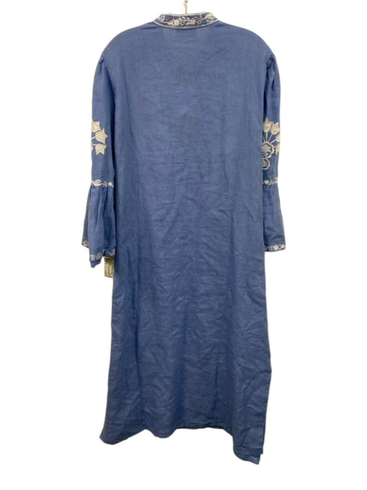 Asha Size XL Blue & White Linen Long Trumpet Sleeve Floral Embroidery Maxi Dress Blue & White / XL