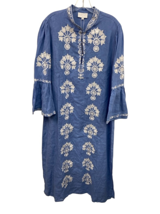 Asha Size XL Blue & White Linen Long Trumpet Sleeve Floral Embroidery Maxi Dress Blue & White / XL