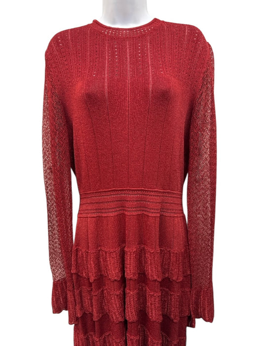 Lela Rose Size L Red Viscose Blend Metallic Zip Back Round Neck Dress Red / L