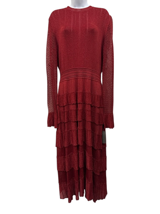 Lela Rose Size L Red Viscose Blend Metallic Zip Back Round Neck Dress Red / L