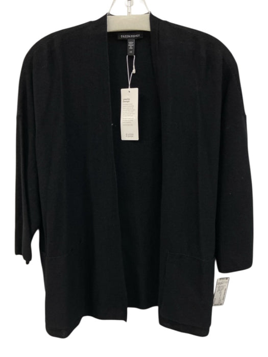 Eileen Fisher Size L Black Linen Blend Open Front 3/4 Sleeve Cardigan Black / L