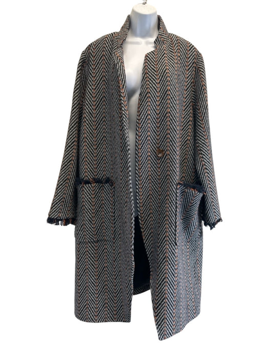 Ulla Johnson Size L Black, White & Brown Cotton Blend Chevron Button Front Coat Black, White & Brown / L