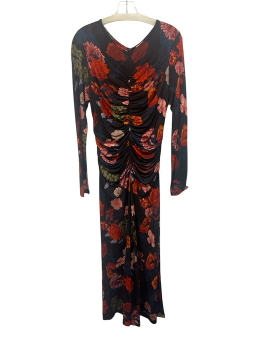 Cara Cara Size XL Black & Multi Viscose Long Sleeve Floral Ruched Maxi Dress Black & Multi / XL