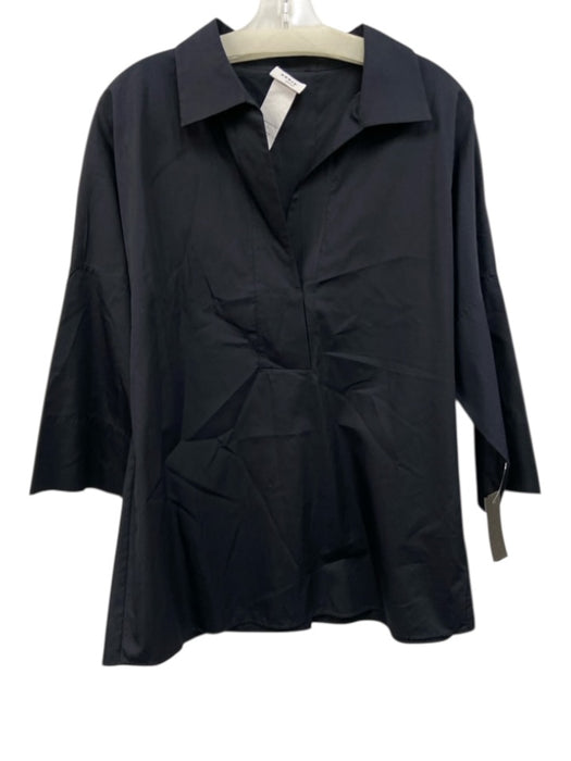 Akris Punto Size 12 Black Cotton 3/4 Sleeve V Neck Collared Top Black / 12