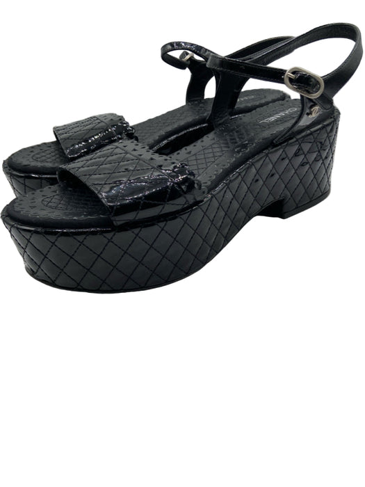 Chanel Shoe Size 41 Black Patent Leather Quilted Ankle Buckle Platform Sandals