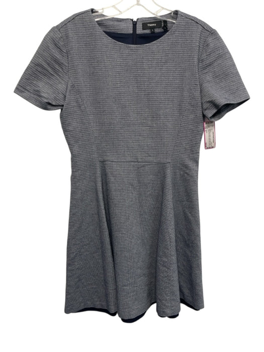 Theory Size 6 Navy Blue & White Cotton Blend Short Sleeve Fit & Flare Dress Navy Blue & White / 6