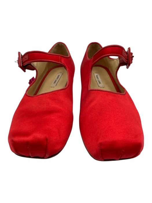 Sandy Liang Shoe Size 37 Red Satin Leather Mary Jane Gathered Square Toe Flats Red / 37