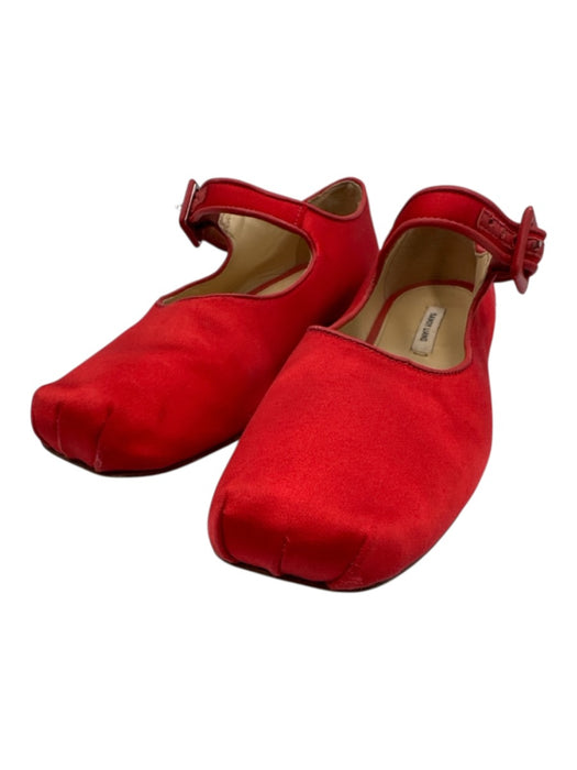 Sandy Liang Shoe Size 37 Red Satin Leather Mary Jane Gathered Square Toe Flats Red / 37