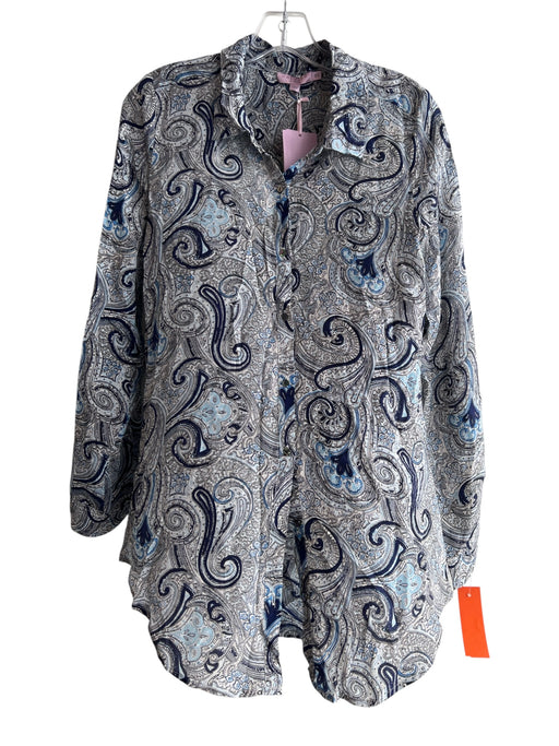 Calypso Size XS Blue Silk Paisley Collared Button Up Long Sleeve Hi Low Top Blue / XS