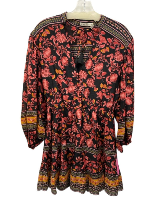 Alice + Olivia Size 8 Black, Red, Yellow Cotton & Silk Floral Above Knee Dress Black, Red, Yellow / 8