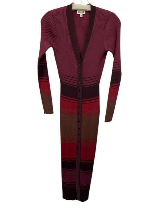 Staud Size M Brown, Purple, Red Viscose & Nylon Long Sleeve Stripe Buttons Dress Brown, Purple, Red / M