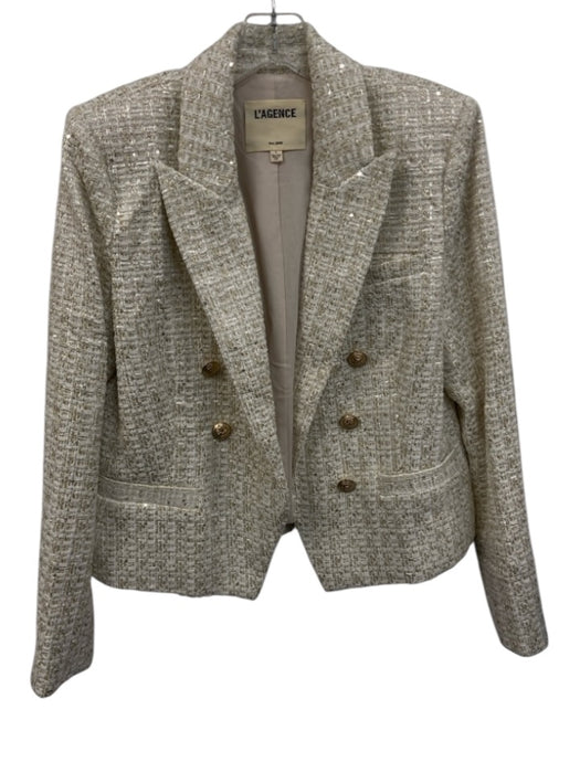 L'agence Size 6 Cream & Gold Polyester & Metallic Double Breast Tweed Jacket Cream & Gold / 6