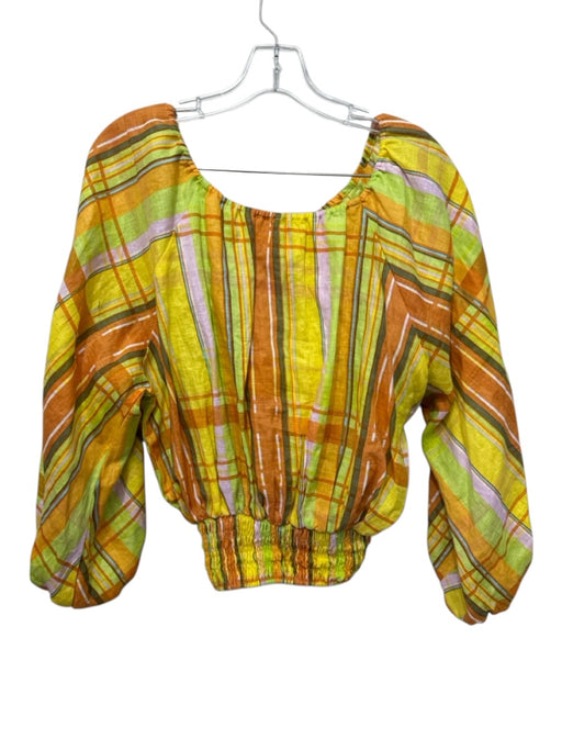 S/W/F Size XS Yellow, Orange, Multi Linen Long Sleeve Plaid Wide Neck Short Set Yellow, Orange, Multi / XS