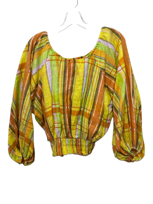 S/W/F Size XS Yellow, Orange, Multi Linen Long Sleeve Plaid Wide Neck Short Set Yellow, Orange, Multi / XS