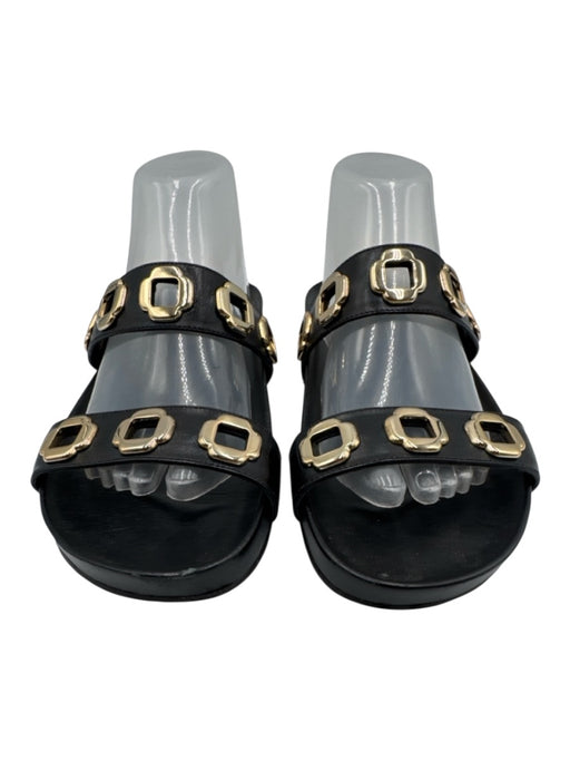 Larroude Shoe Size 9 Black & Gold Leather Eyelet 2 Strap Slide Mule Sandals Black & Gold / 9