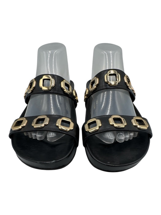 Larroude Shoe Size 9 Black & Gold Leather Eyelet 2 Strap Slide Mule Sandals Black & Gold / 9