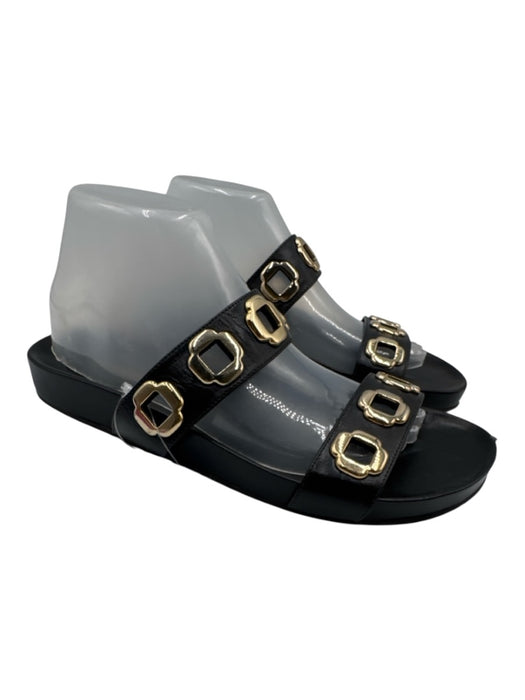 Larroude Shoe Size 9 Black & Gold Leather Eyelet 2 Strap Slide Mule Sandals Black & Gold / 9