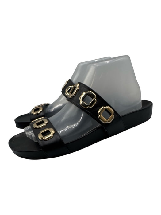 Larroude Shoe Size 9 Black & Gold Leather Eyelet 2 Strap Slide Mule Sandals Black & Gold / 9