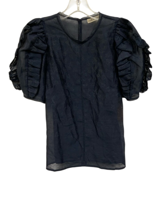 Ulla Johnson Size Est Small Navy Blue Short Sleeve Floral Ruffles Top Navy Blue / Est Small