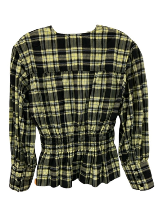 Ganni Size 34 Blue, Yellow, Black Cotton Blend Long Sleeve Plaid Shirred Top Blue, Yellow, Black / 34