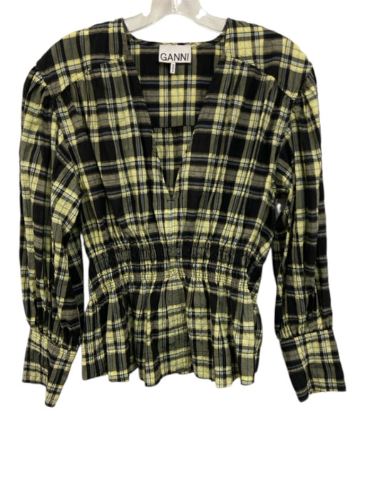 Ganni Size 34 Blue, Yellow, Black Cotton Blend Long Sleeve Plaid Shirred Top Blue, Yellow, Black / 34