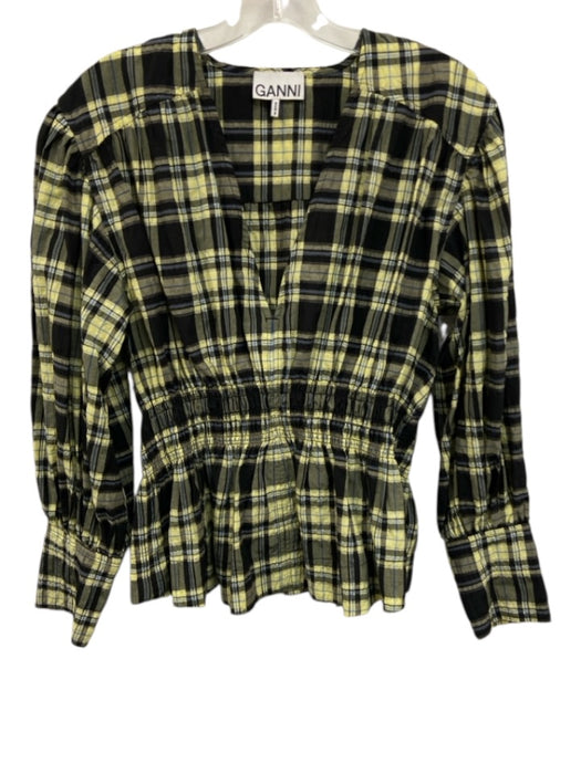 Ganni Size 34 Blue, Yellow, Black Cotton Blend Long Sleeve Plaid Shirred Top Blue, Yellow, Black / 34
