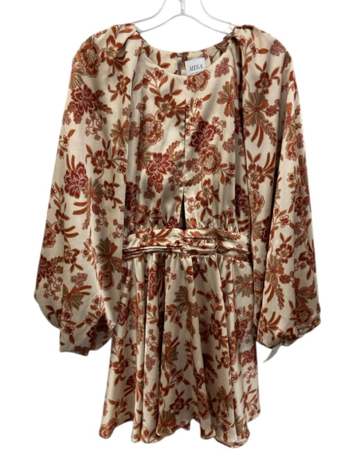 Misa Size XS Orange, Red, Green Polyester Long Balloon Sleeve Floral Satin Dress Orange, Red, Green / XS