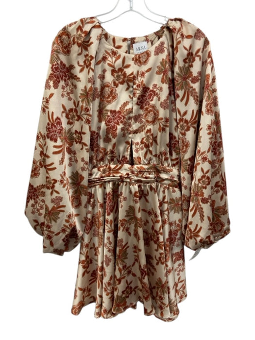 Misa Size XS Orange, Red, Green Polyester Long Balloon Sleeve Floral Satin Dress Orange, Red, Green / XS