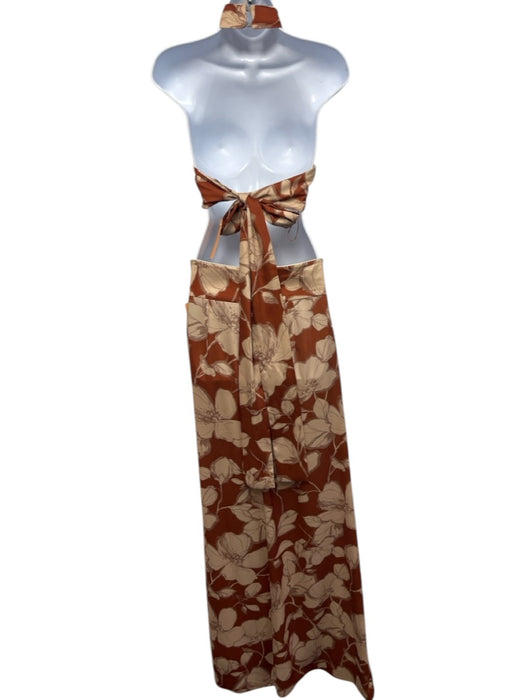 Alexis Size XS Rust & Beige Polyester Sleeveless Floral Halter Wide Leg Pant Set Rust & Beige / XS