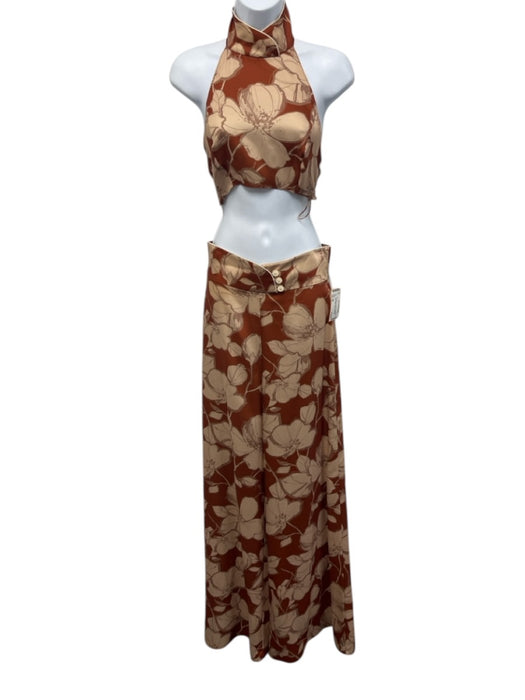 Alexis Size XS Rust & Beige Polyester Sleeveless Floral Halter Wide Leg Pant Set Rust & Beige / XS
