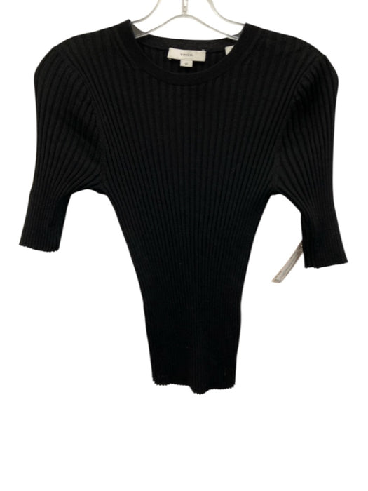 Vince Size Small Black Wool & Silk Half Sleeve Ribbed Stretch Button Detail Top Black / Small
