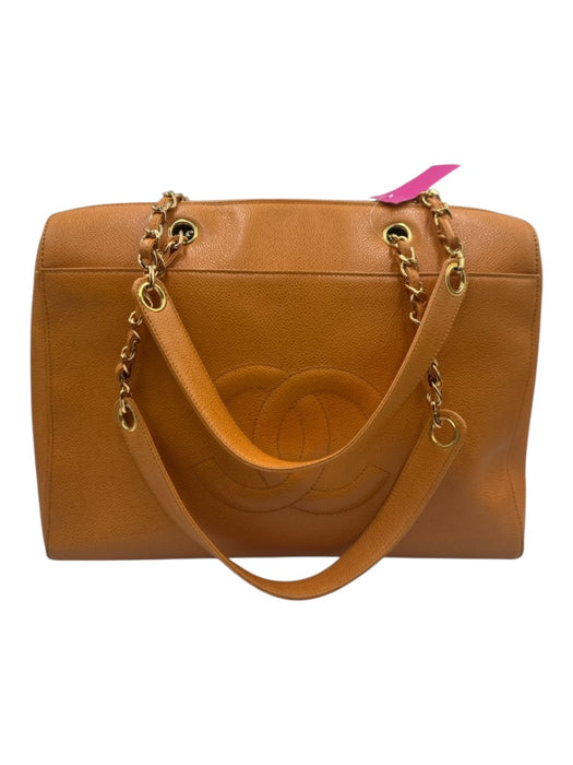 Chanel Orange Caviar Leather Zip Close Interlocking CC Chain Strap Pockets Bag Orange / Large