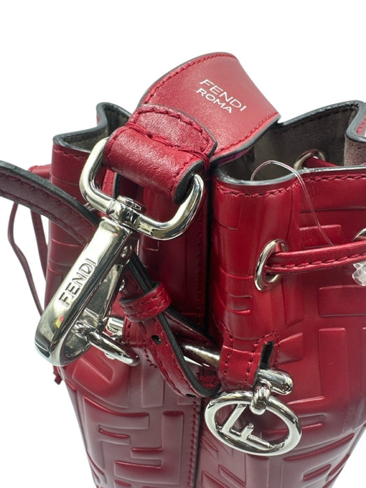 Fendi Deep Red Leather Drawstring Zucca Monogram silver hardware Bucket Bag Deep Red / Mini