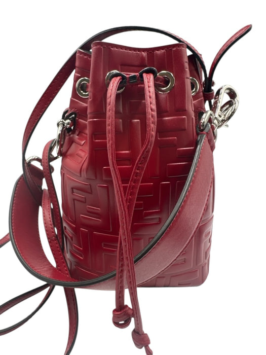 Fendi Deep Red Leather Drawstring Zucca Monogram silver hardware Bucket Bag Deep Red / Mini