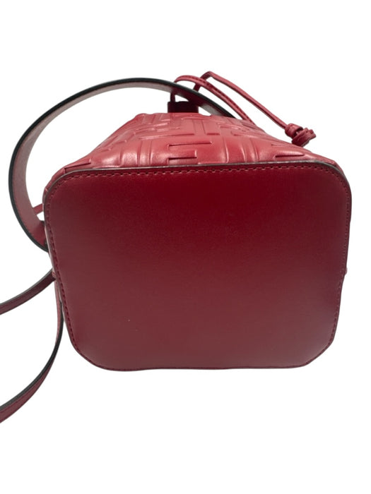 Fendi Deep Red Leather Drawstring Zucca Monogram silver hardware Bucket Bag Deep Red / Mini