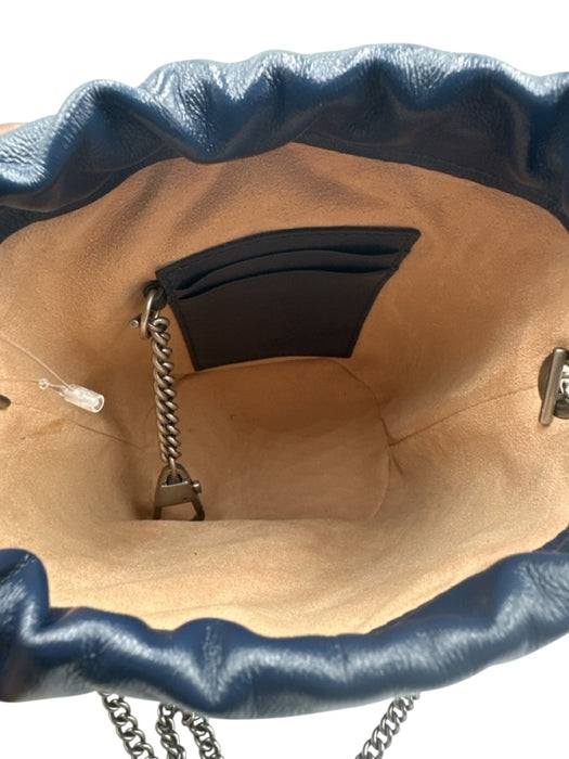 Gucci Navy Blue & White Leather Marmont GG Logo Chain Strap Bucket Bag Navy Blue & White / Mini
