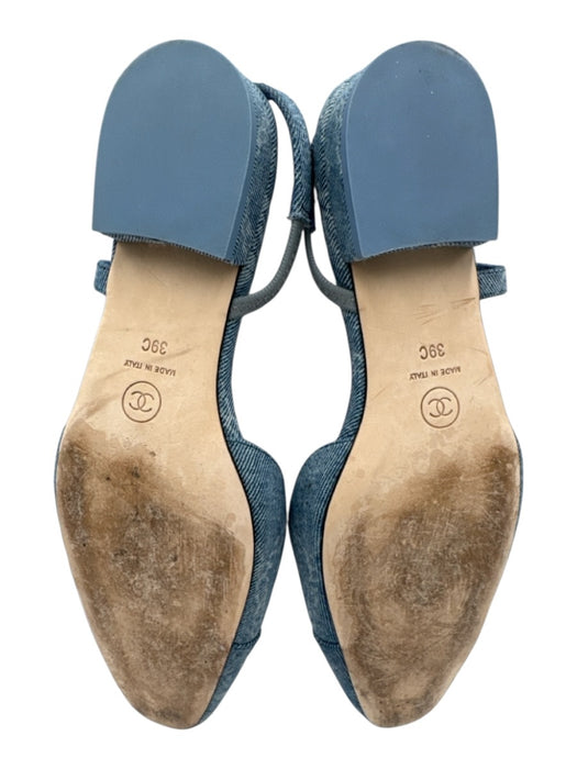 Chanel Shoe Size 39C Medium Wash Leather & Textile Squared Toe Slingbacks Medium Wash / 39C