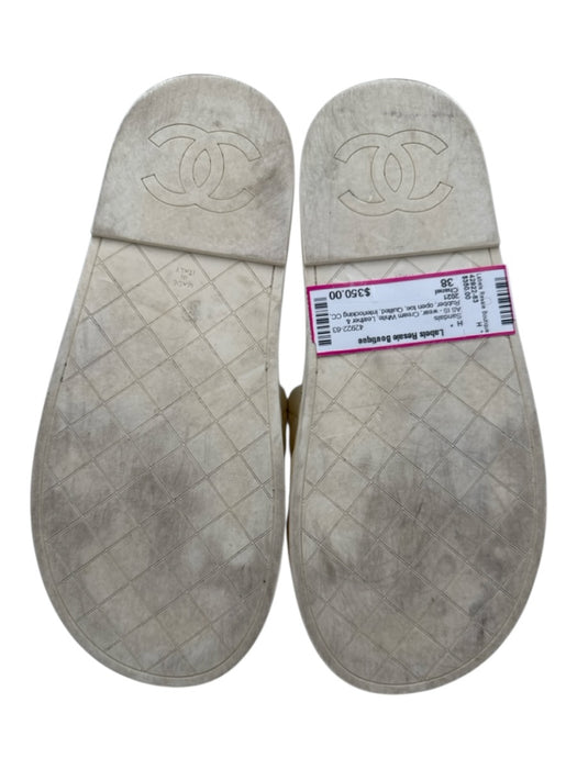 Chanel Shoe Size 38 Cream White Leather & Rubber open toe Quilted Slide Sandals Cream White / 38